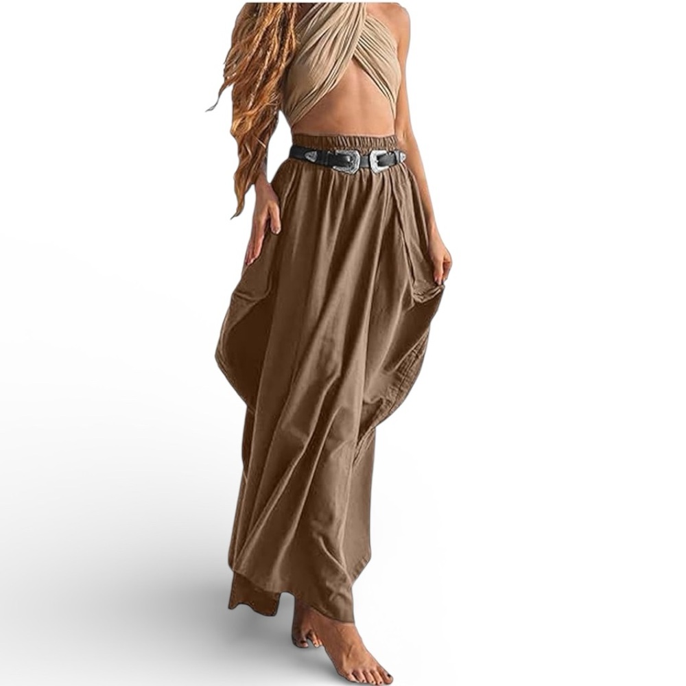 Maxi Boho Skirt with Pockets & Drawstring Ruched Hem